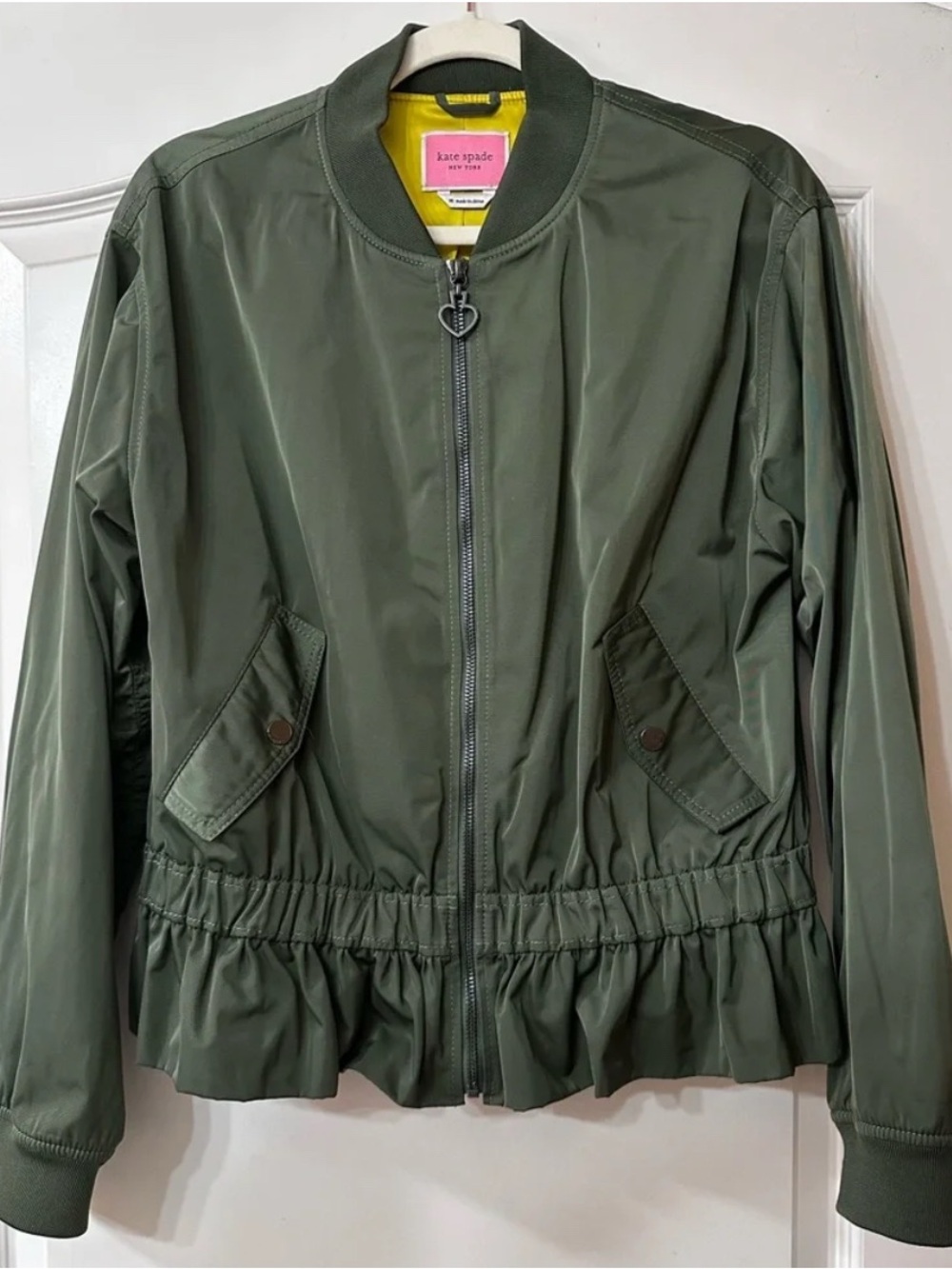 kate spade olive bomber jacket with ruffle hem and heart zipper
